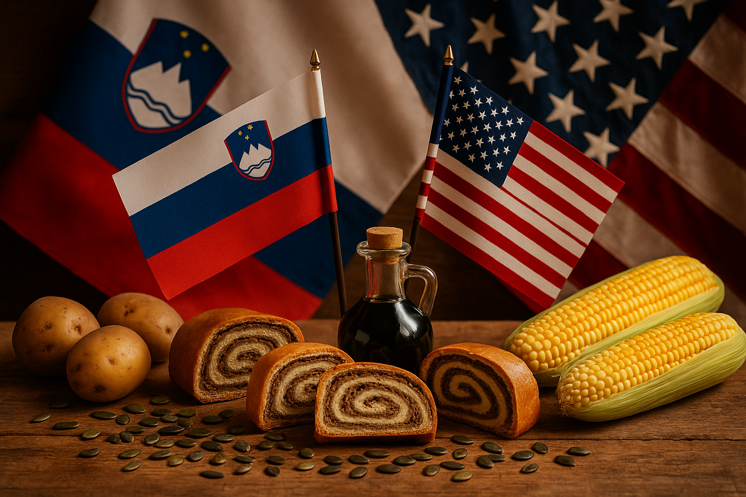 pumking seeds, potica, corn, potatos, pumkin seed oil on table with slovenian and US flags
